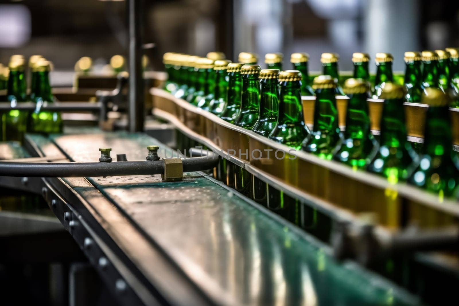 Rows of dark beer bottles on a conveyer belt in a brewery, showcasing the industrial bottling process