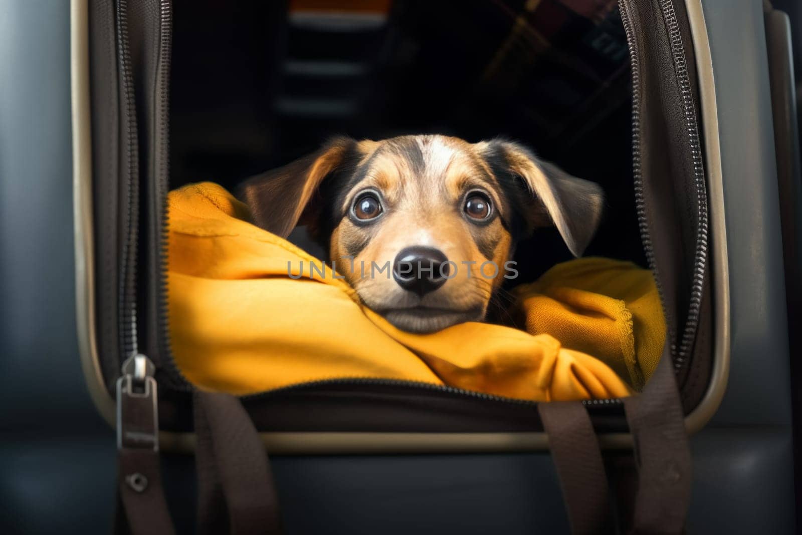 A brown and white dog with soulful eyes peeking out from a yellow travel bag, capturing a moment of travel or adventure with a pet