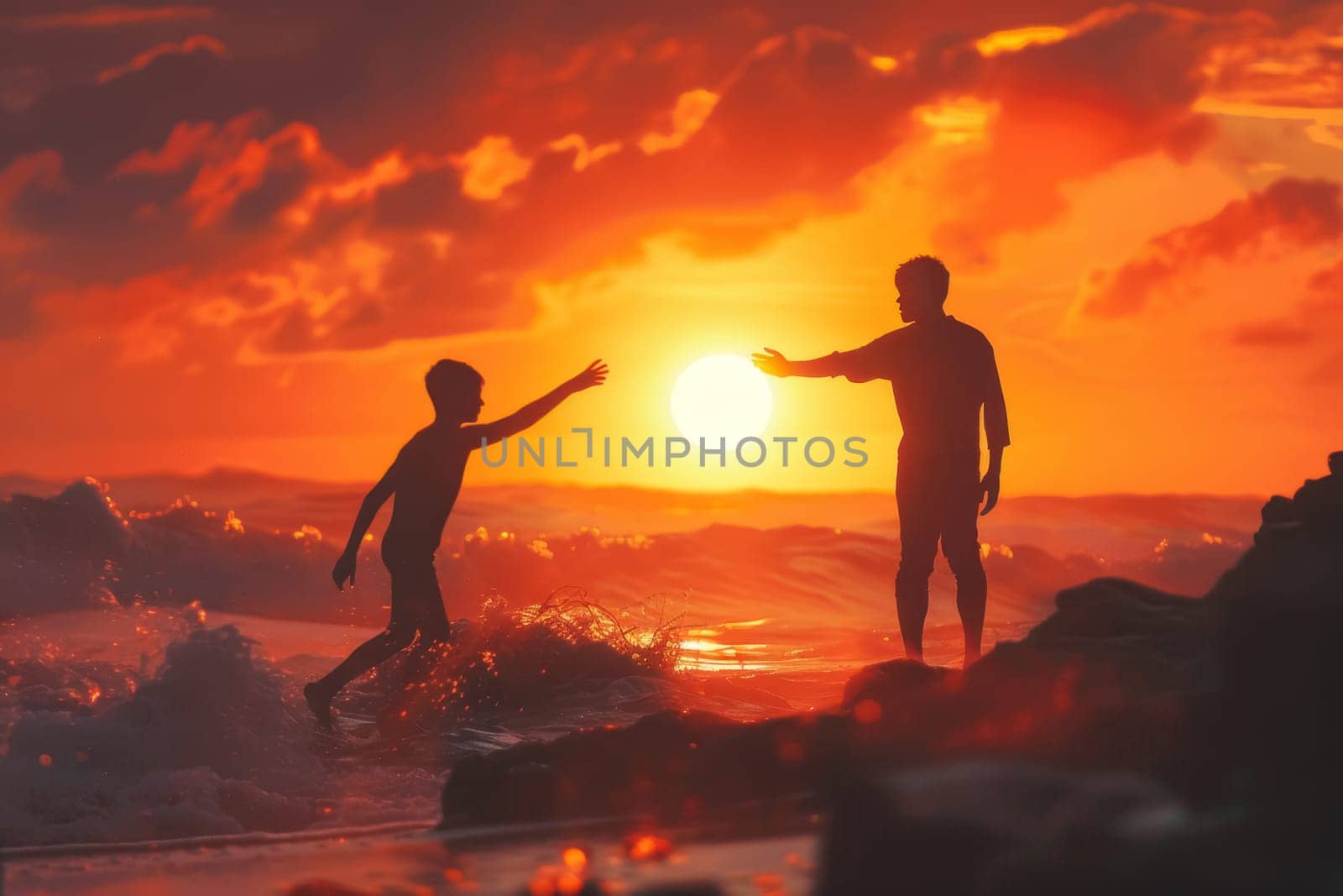 Two silhouettes against a vibrant sunset over the ocean, one person reaching out to the other amidst dynamic waves