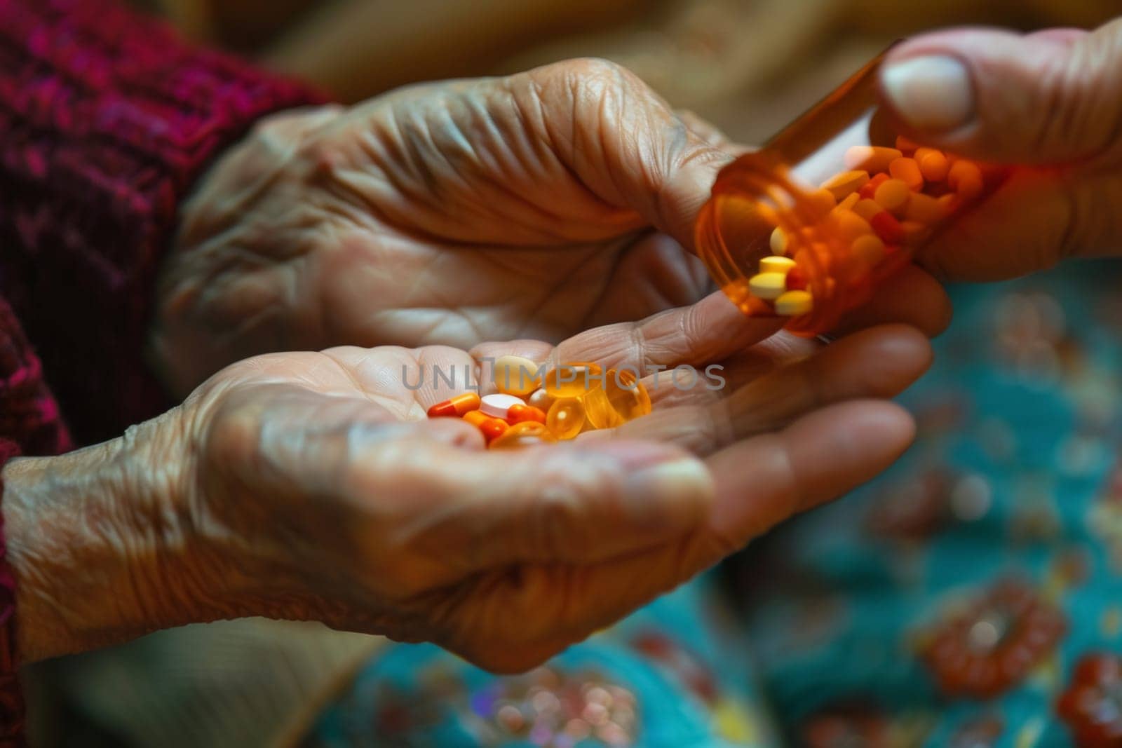 A caregiver's hand gently transferring assorted pills to an elderly person's open palm, symbolizing care and support