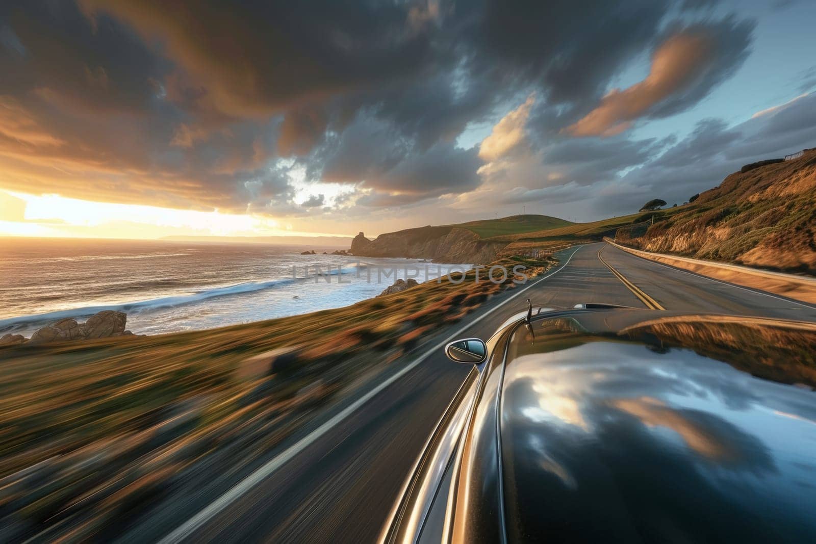 A convertible car racing along a beautiful coastal route, the golden hour sun casting warm light on an open road trip