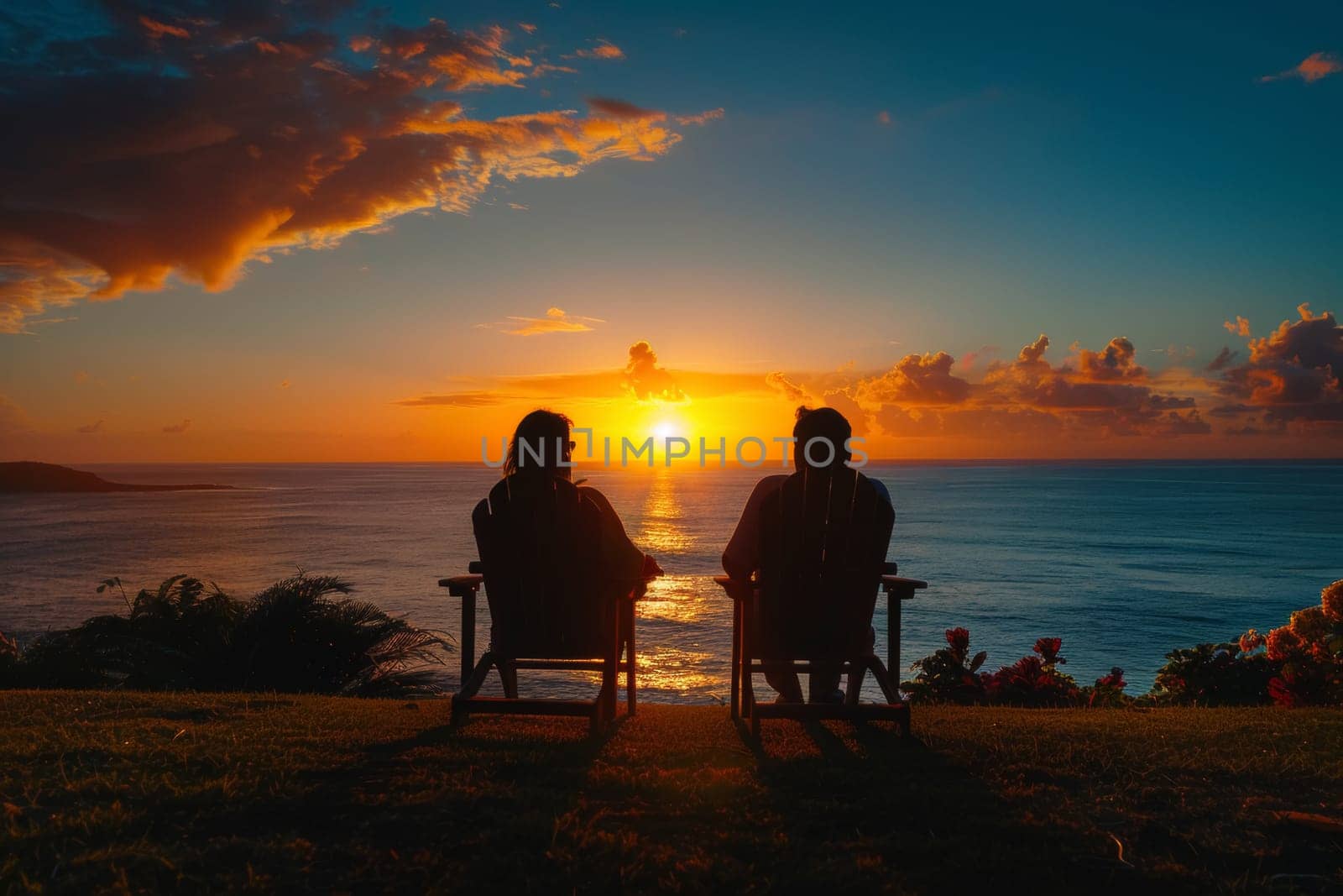 A retired couple enjoys a serene sunset from their comfortable chairs overlooking the ocean, capturing a moment of peaceful reflection and togetherness in a picturesque setting.