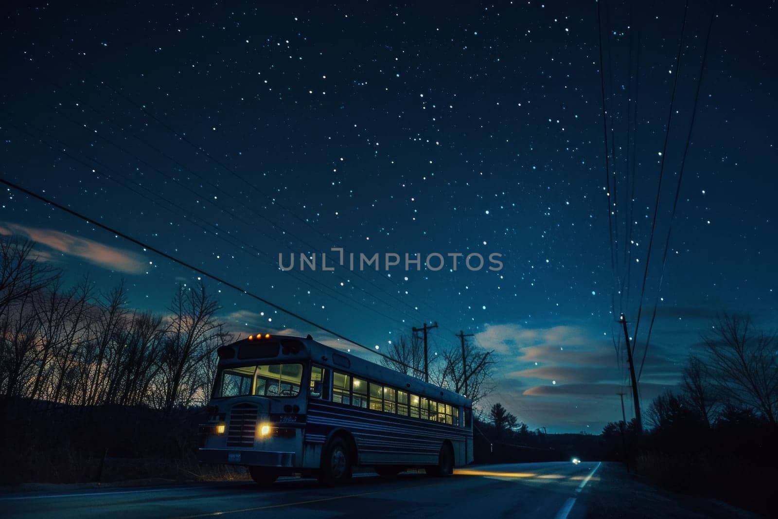 A bus travels through the night under a starlit sky, offering a tranquil nocturnal scene.