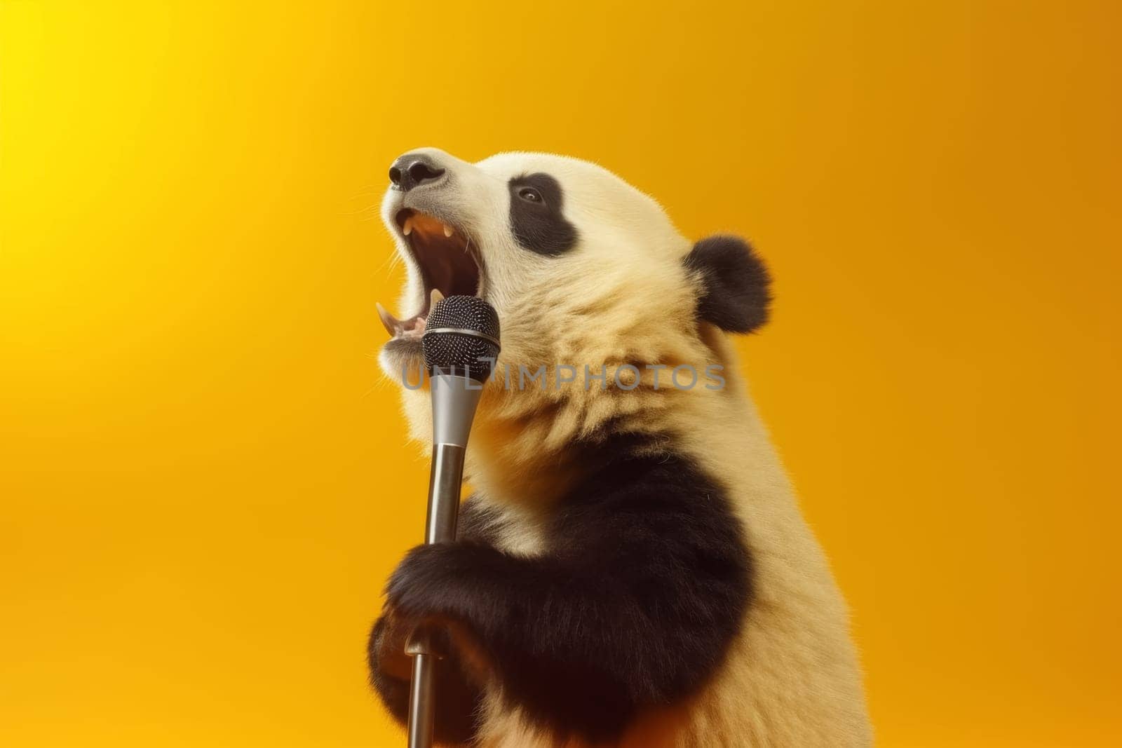 Artistic portrayal of a panda seemingly singing into a microphone, a fun and imaginative take on wildlife with a vibrant yellow background.