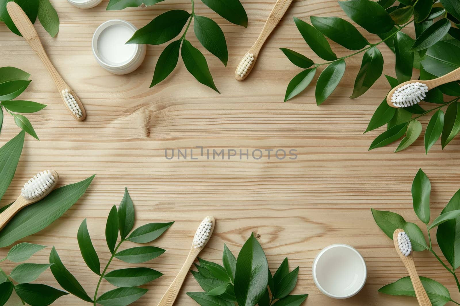 An array of eco-friendly dental products, including biodegradable toothbrushes and natural toothpaste, displayed on a wooden background surrounded by green leaves