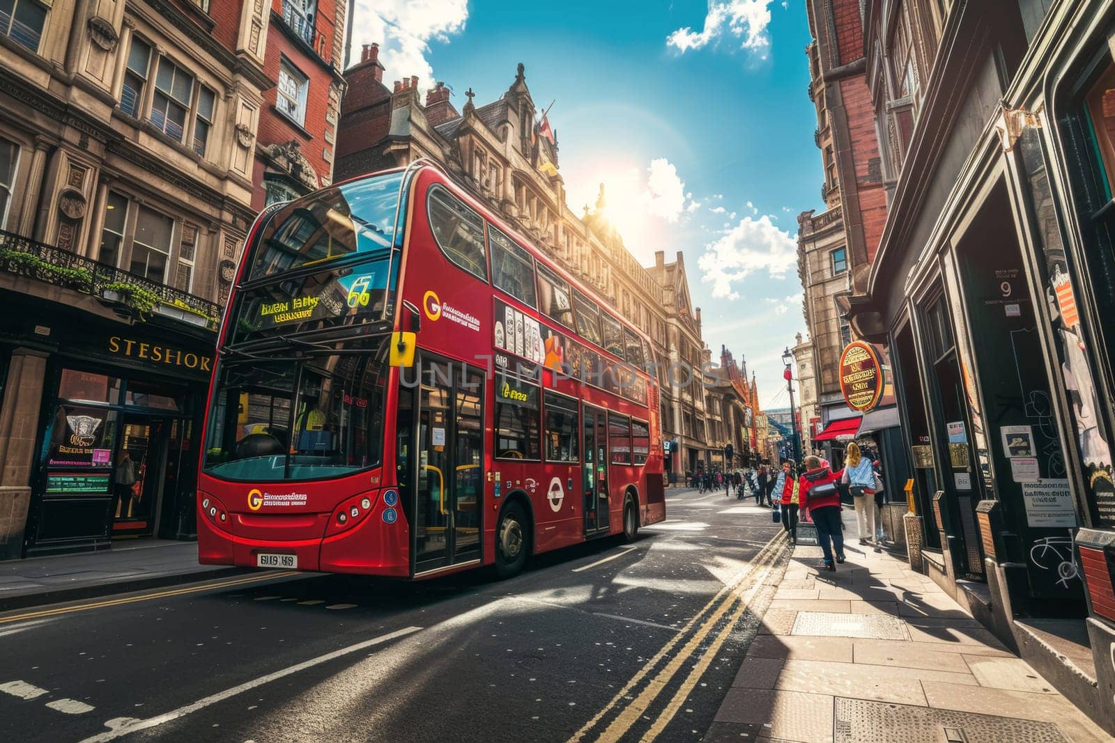 Iconic red double-decker bus travels through the streets of London with the historic Big Ben and the Houses of Parliament in the background.