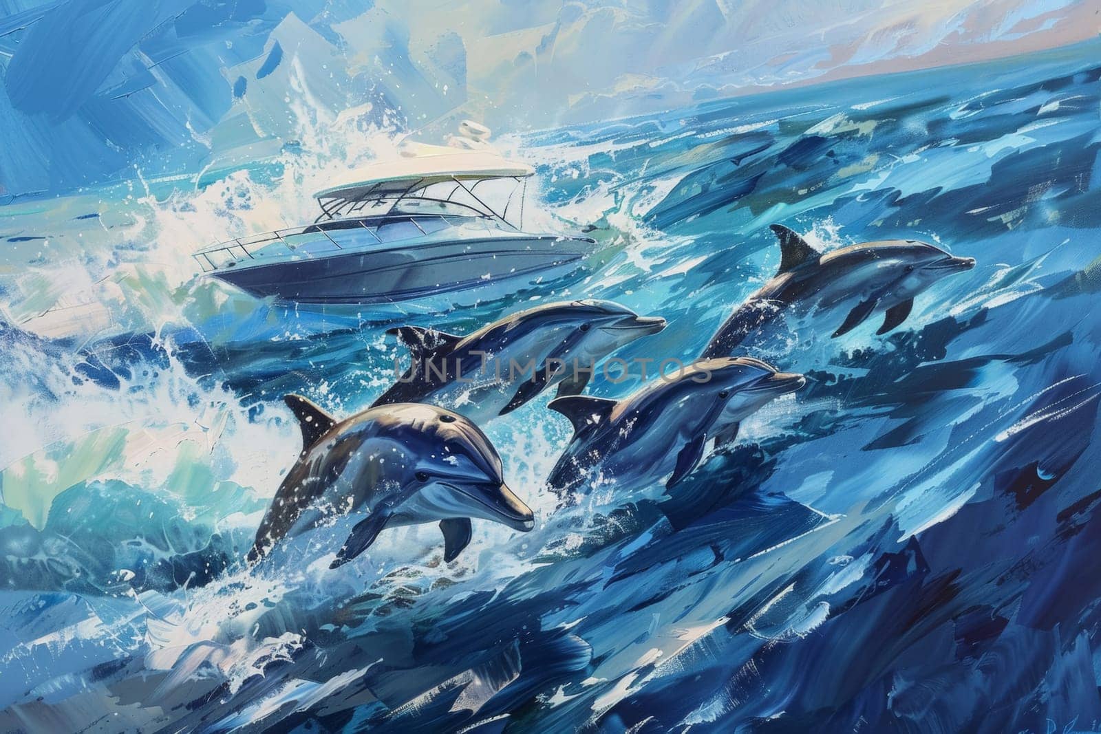 A vibrant painting captures dolphins leaping joyfully alongside a speeding yacht on a sun-kissed ocean.
