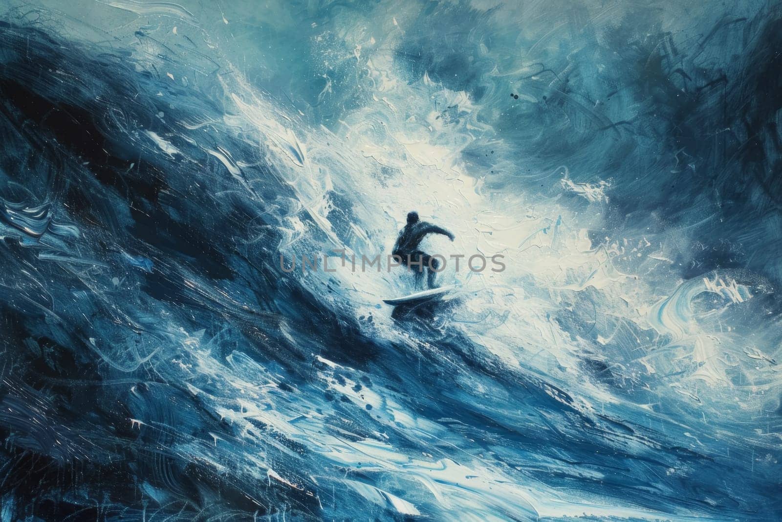 An expressionistic painting portrays the dynamic movement of a surfer riding a tumultuous wave, invoking a sense of passion and risk