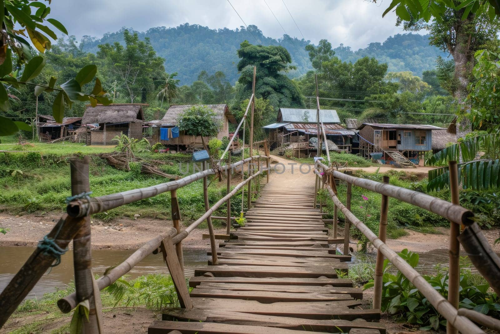 A serene view of a rural wooden bridge connecting village houses, surrounded by lush greenery and a calm river under a cloudy sky.