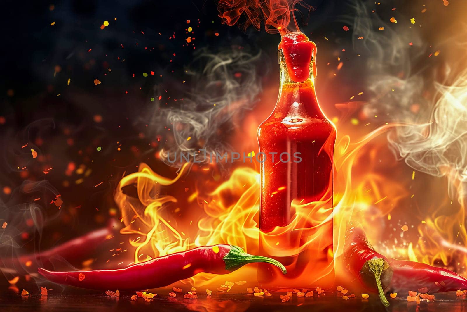 A bottle of hot sauce with flames and chili peppers around it. by OlgaGubskaya