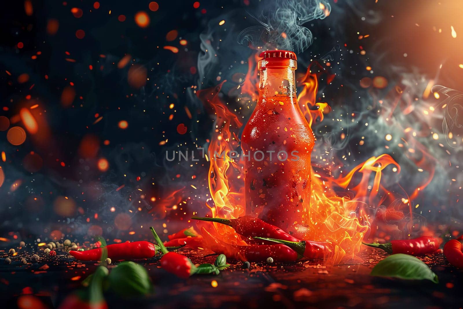 A bottle of hot sauce with flames and red chili peppers swirling around it.