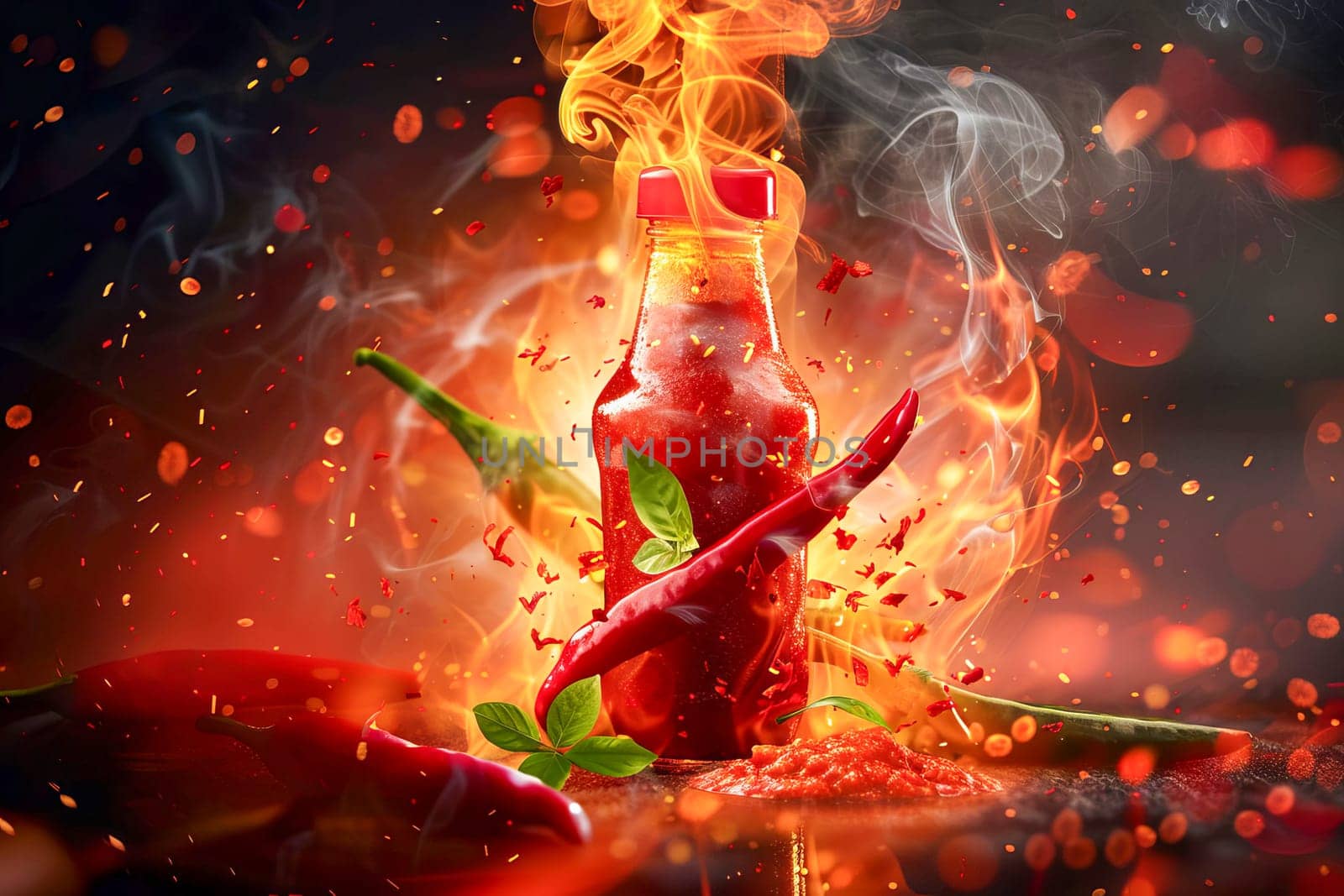 A bottle of hot sauce with flames and red chili peppers swirling around it.