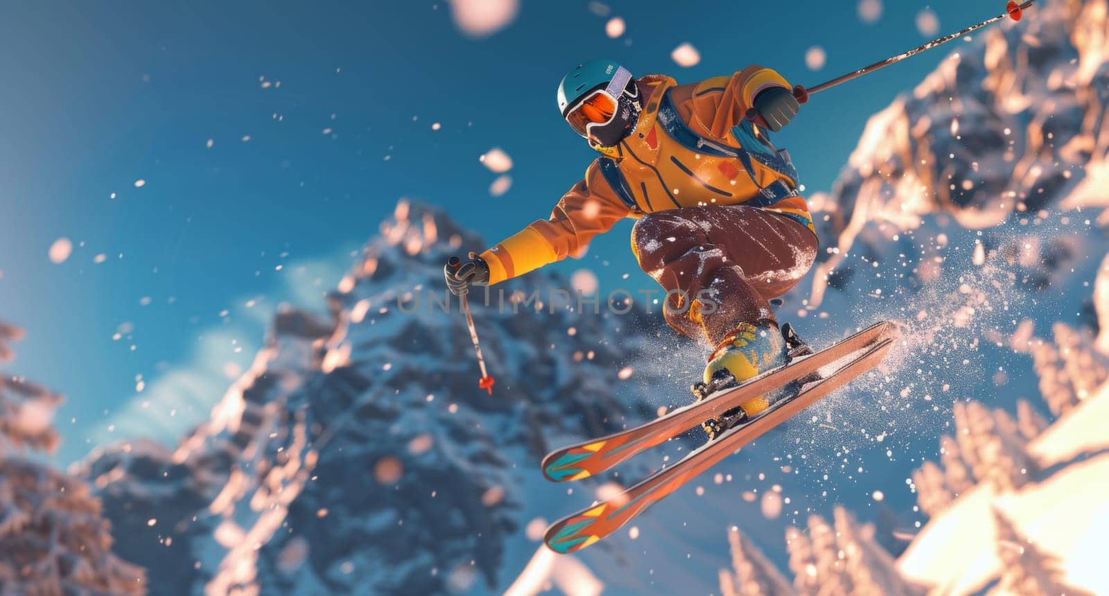 A man or woman is skiing down a mountain jumping with the skis in the air.