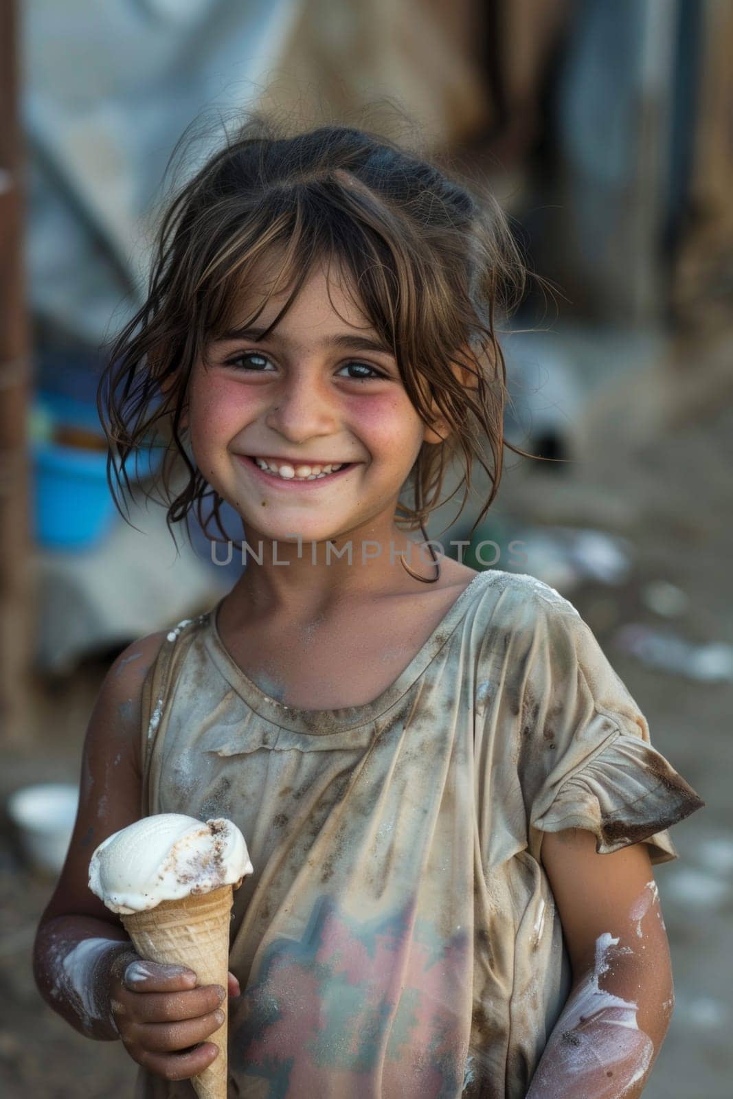 A smiling kid girl in a dirty shirt holding an ice cream in his hand.