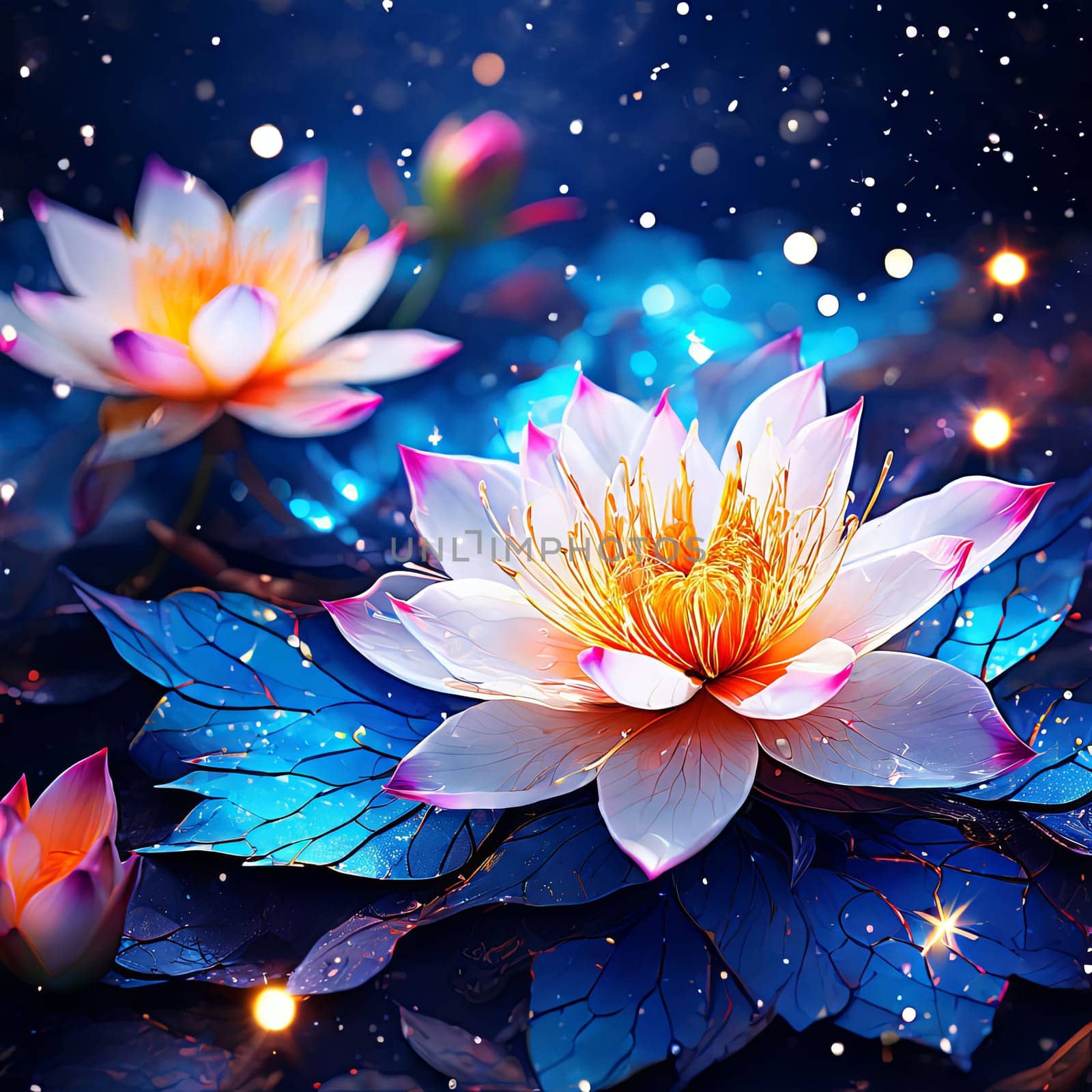 Serene lotus flowers amidst backdrop of twinkling stars. Enchanting scene that symbolizes purity, enlightenment, tranquility. For home interior room to add bright colors, coziness, gift wrapping. by Angelsmoon