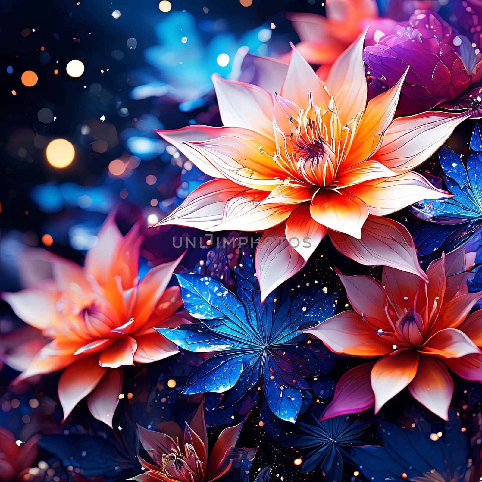 lotus flowers set against serene night sky filled with sparkling stars, creating peaceful, enchanting scene that symbolizes purity, enlightenment, tranquility. For website design, print. by Angelsmoon