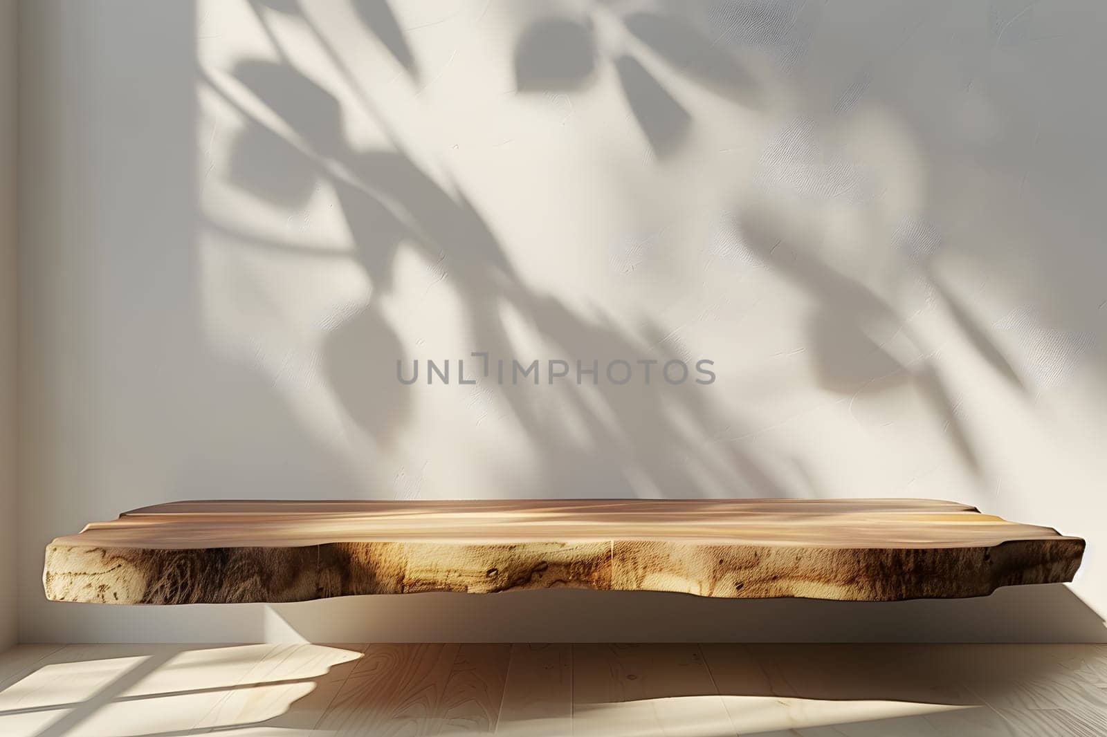 A hardwood shelf with a tree shadow on the wall, resembling an art piece. The rectangle shape adds a modern touch to the rooms decor