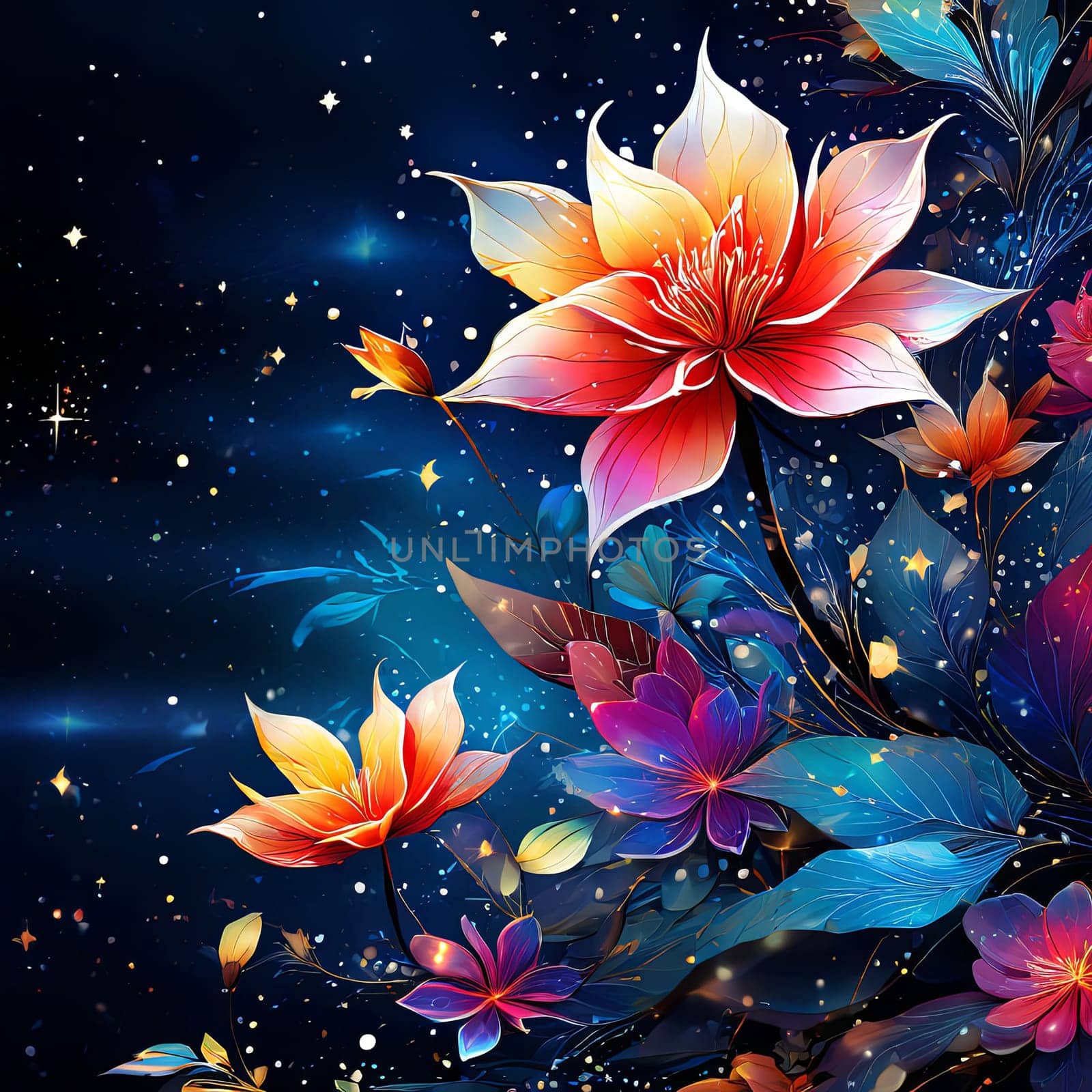Lotus flowers floating in starry sky. Creating peaceful, enchanting scene that symbolizes purity. For interior design, decoration, art, advertising, web design, as illustration for book, magazine