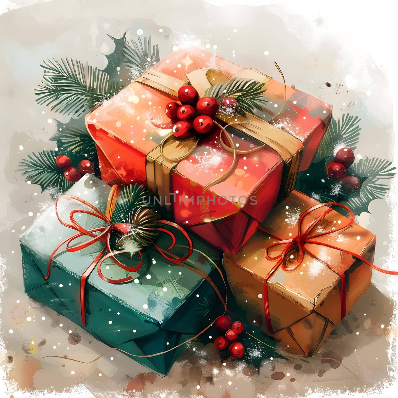 A stack of Christmas ornaments, plants, food, and gift wrapping by Nadtochiy