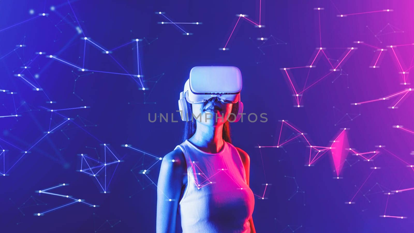 Female wearing VR headset look in virtual object holding goggles. Hallucination. by biancoblue