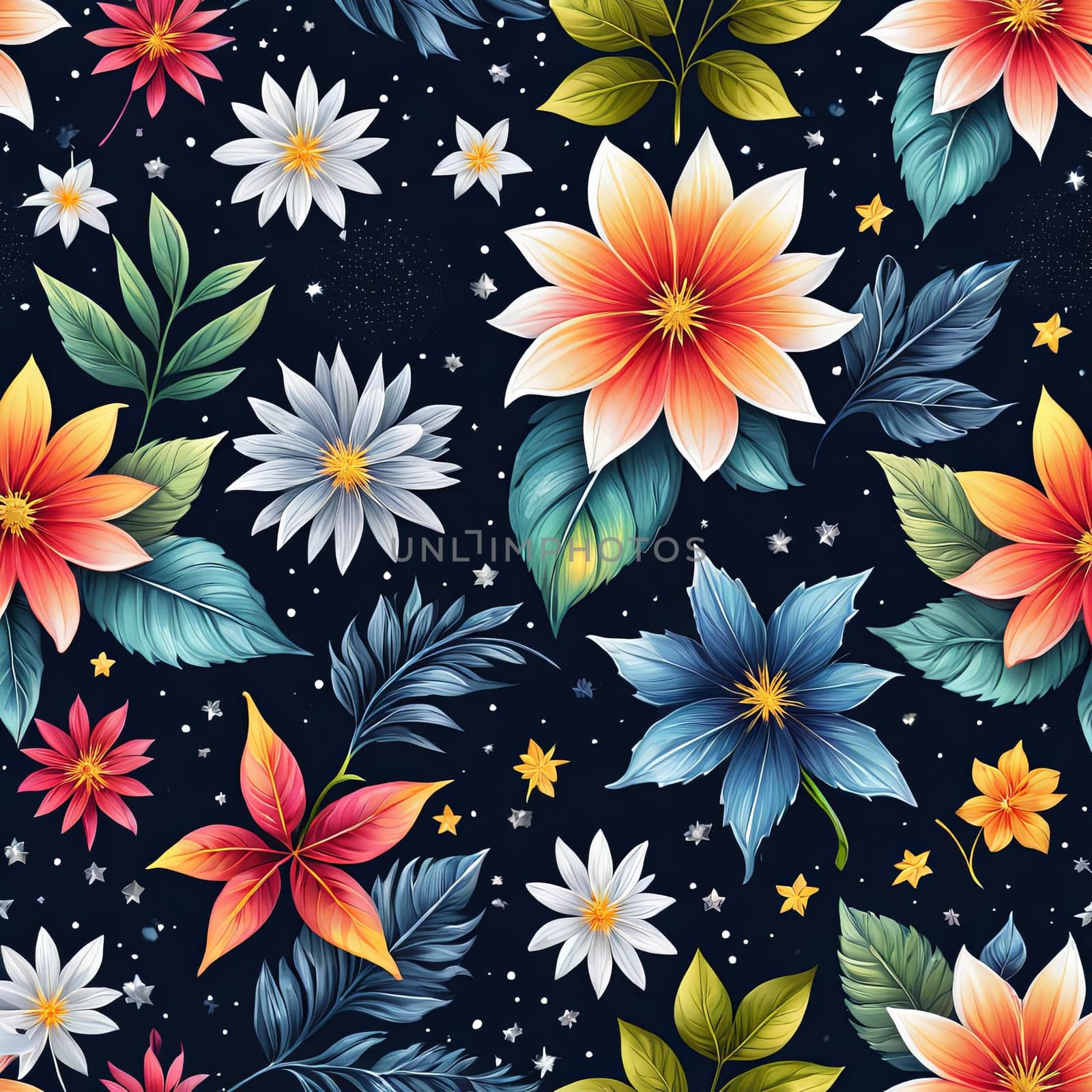 Striking, colorful flower painting with intricate details, vivid hues, beautifully contrasted against dark, black background. For interior design, textiles, clothing, gift wrapping, web design, print