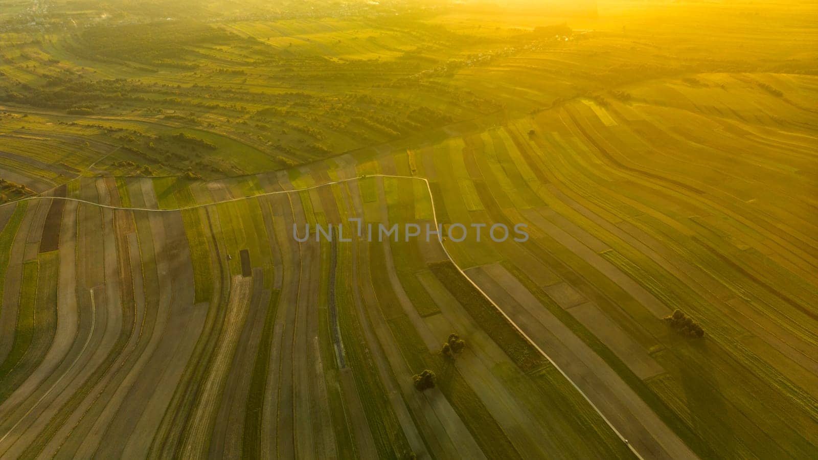 Aerial drone point of view of Suloszowa village and fields in sunlight. Aero photo of farming region Krakow County in Poland