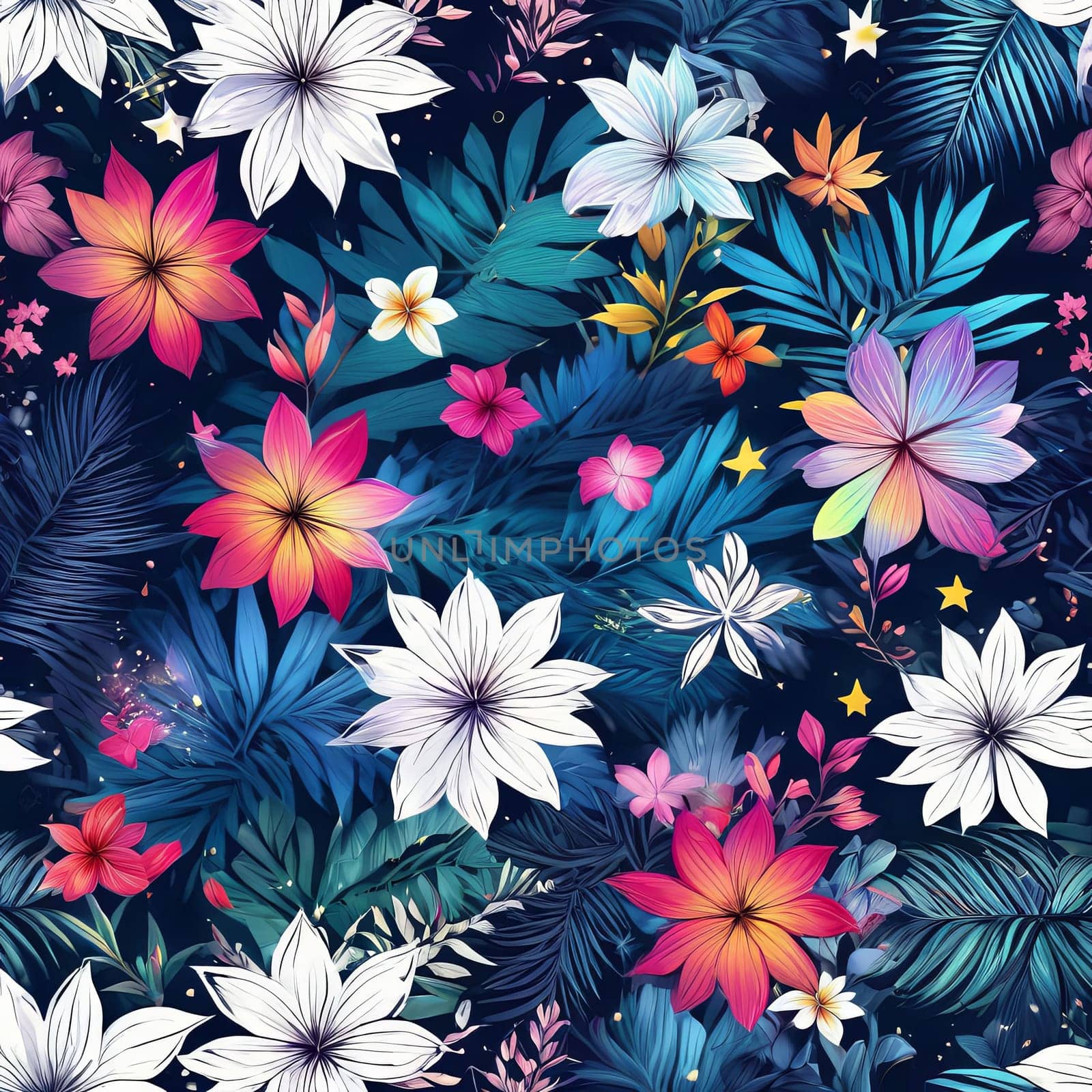 Striking, colorful flower painting with intricate details, vivid hues, beautifully contrasted against dark, black background. For interior design, textiles, clothing, gift wrapping, web design, print. by Angelsmoon