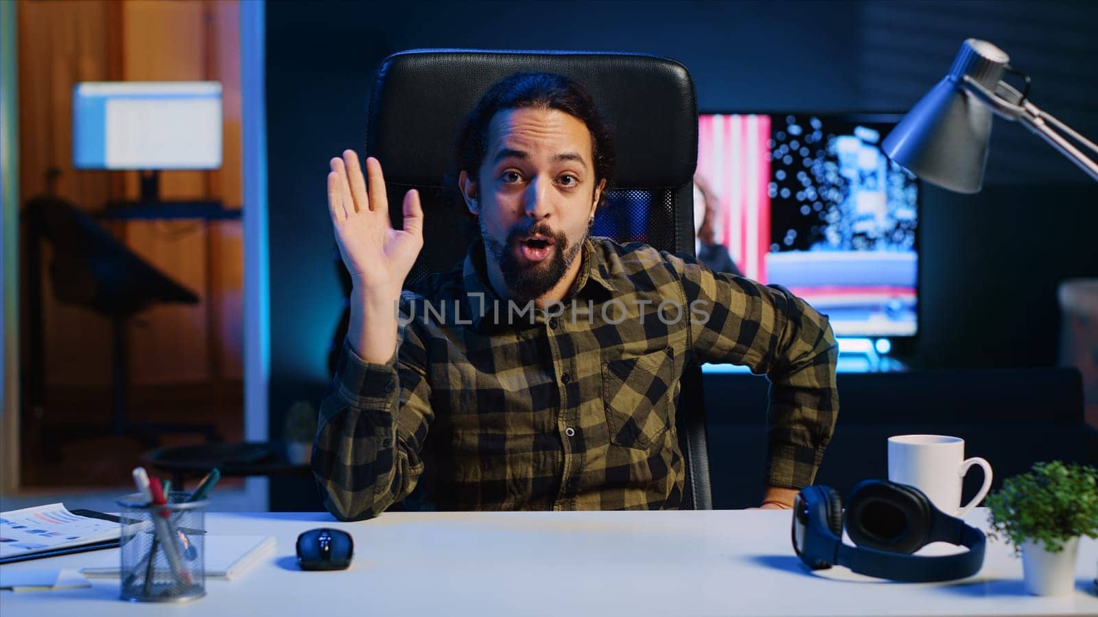 POV of smiling man in videoconference meeting, checking up on close friend by DCStudio