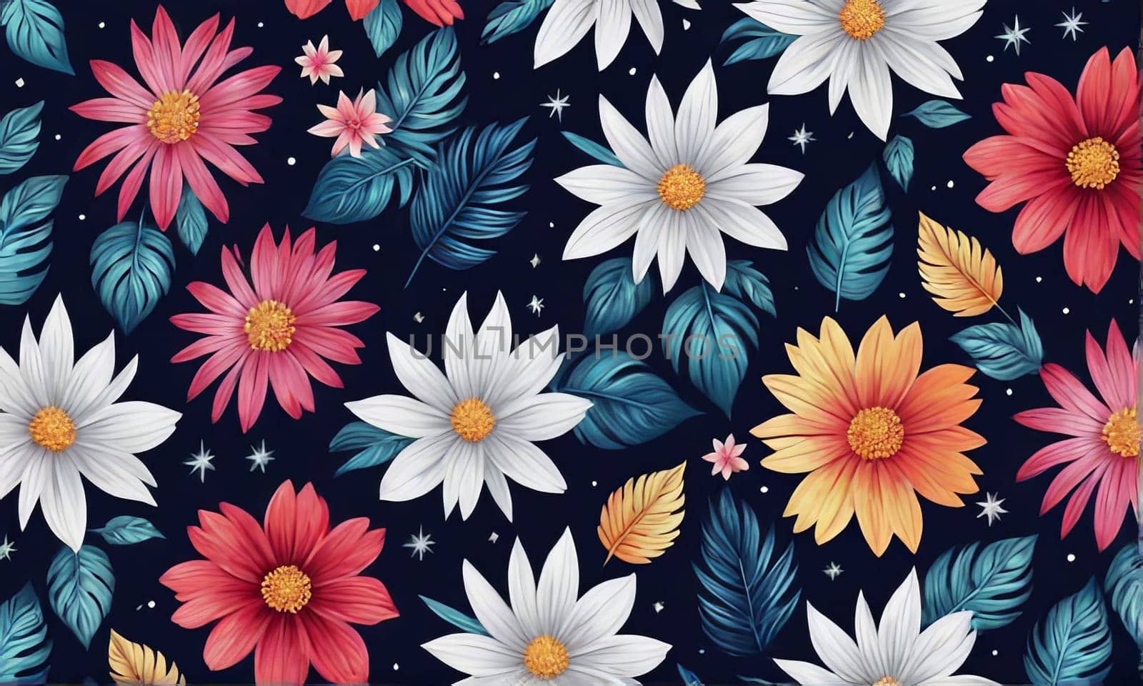 Bright colors of flowers pop out against black background, enhancing their beauty, making them focal point of image. For interior design, decoration, advertising, web design, as illustration for book