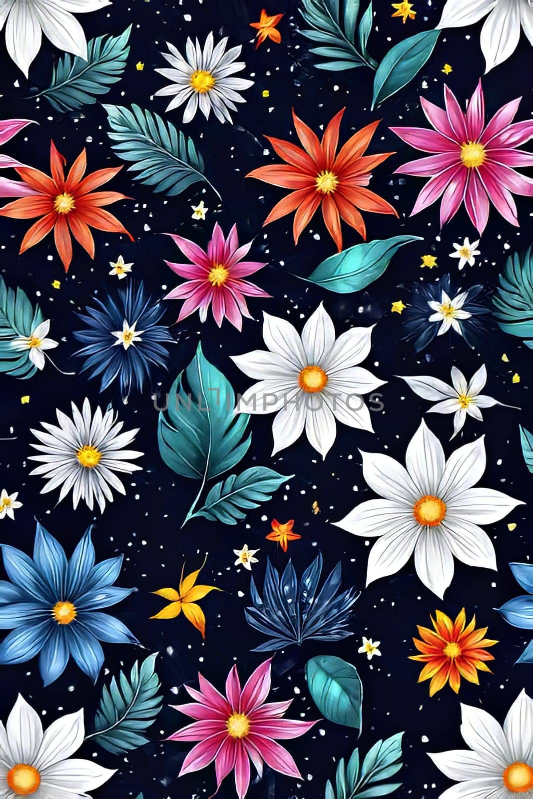 Vibrant colorful flowers set against dark background. For meditation apps, on covers of books about spiritual growth, in designs for yoga studios, spa salons, illustration for articles on inner peace