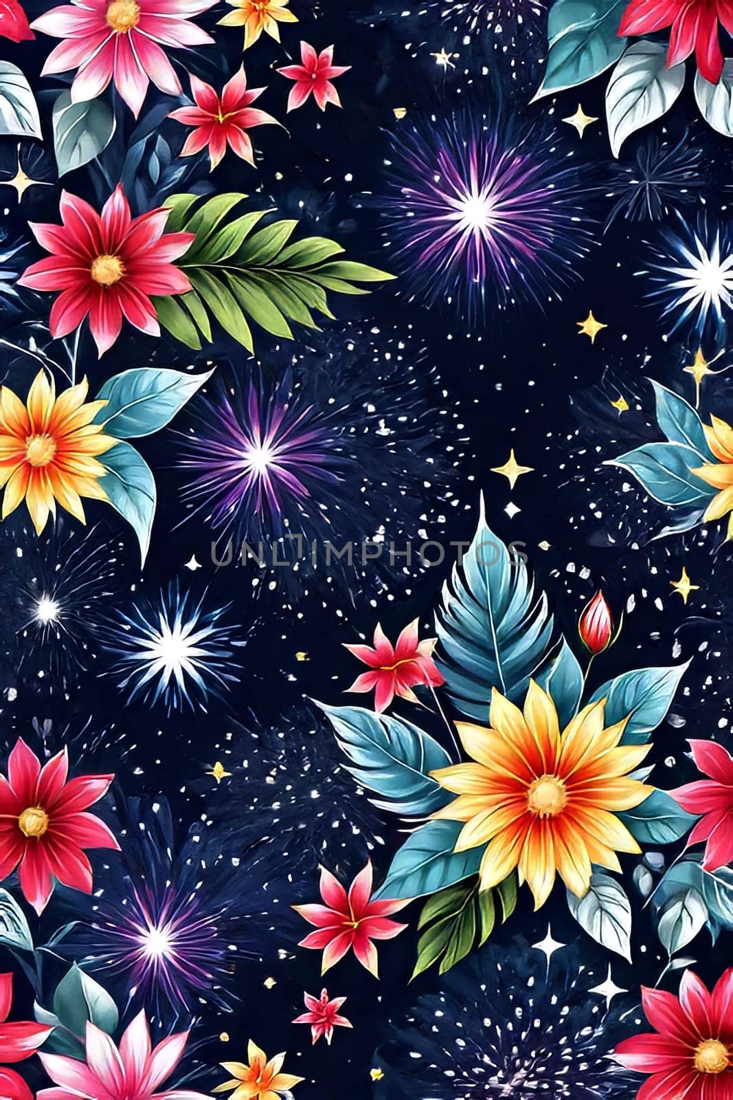 Bright colors of flowers pop out against black background, enhancing their beauty, making them focal point of image. For interior design, decoration, advertising, web design, as illustration for book