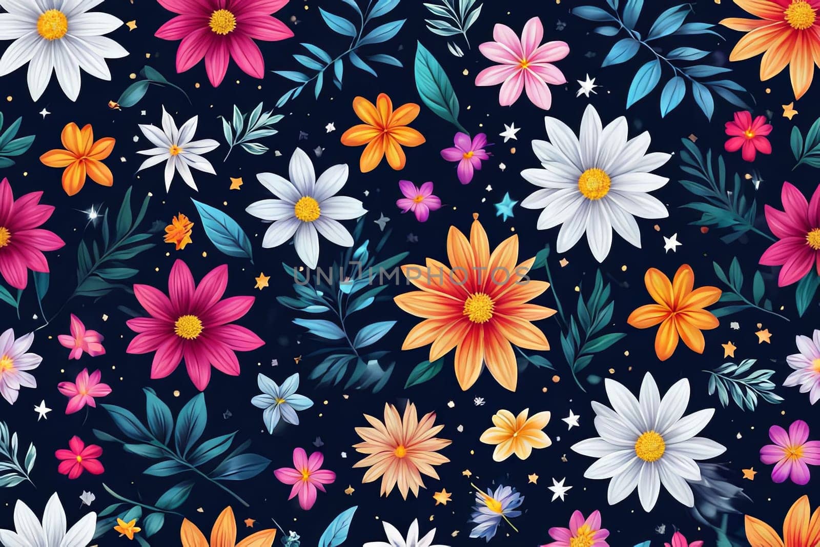 Vibrant colorful flowers set against dark background. For meditation apps, on covers of books about spiritual growth, in designs for yoga studios, spa salons, illustration for articles on inner peace