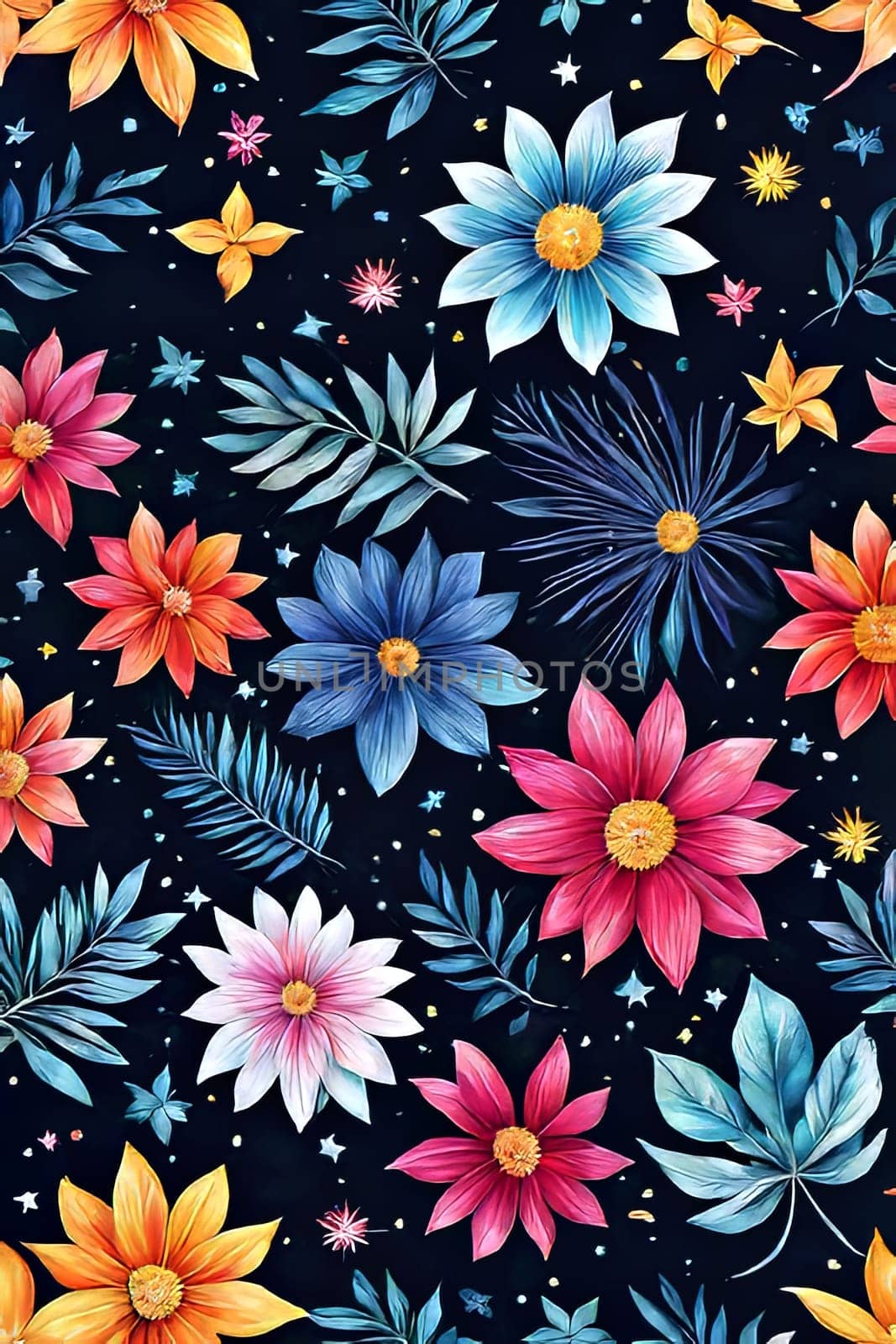Vibrant colorful flowers set against dark background. For meditation apps, on covers of books about spiritual growth, in designs for yoga studios, spa salons, illustration for articles on inner peace