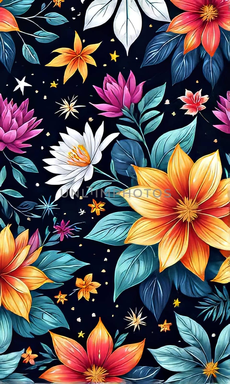 Image features striking contrast between vivid colors of flowers, dark backdrop, creating visually appealing, dramatic composition. For interior design, textiles, clothing, gift wrapping, web design