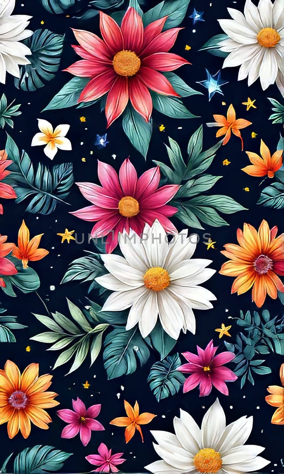 Bright colors of flowers pop out against black background, enhancing their beauty, making them focal point of image. For interior design, decoration, advertising, web design, as illustration for book