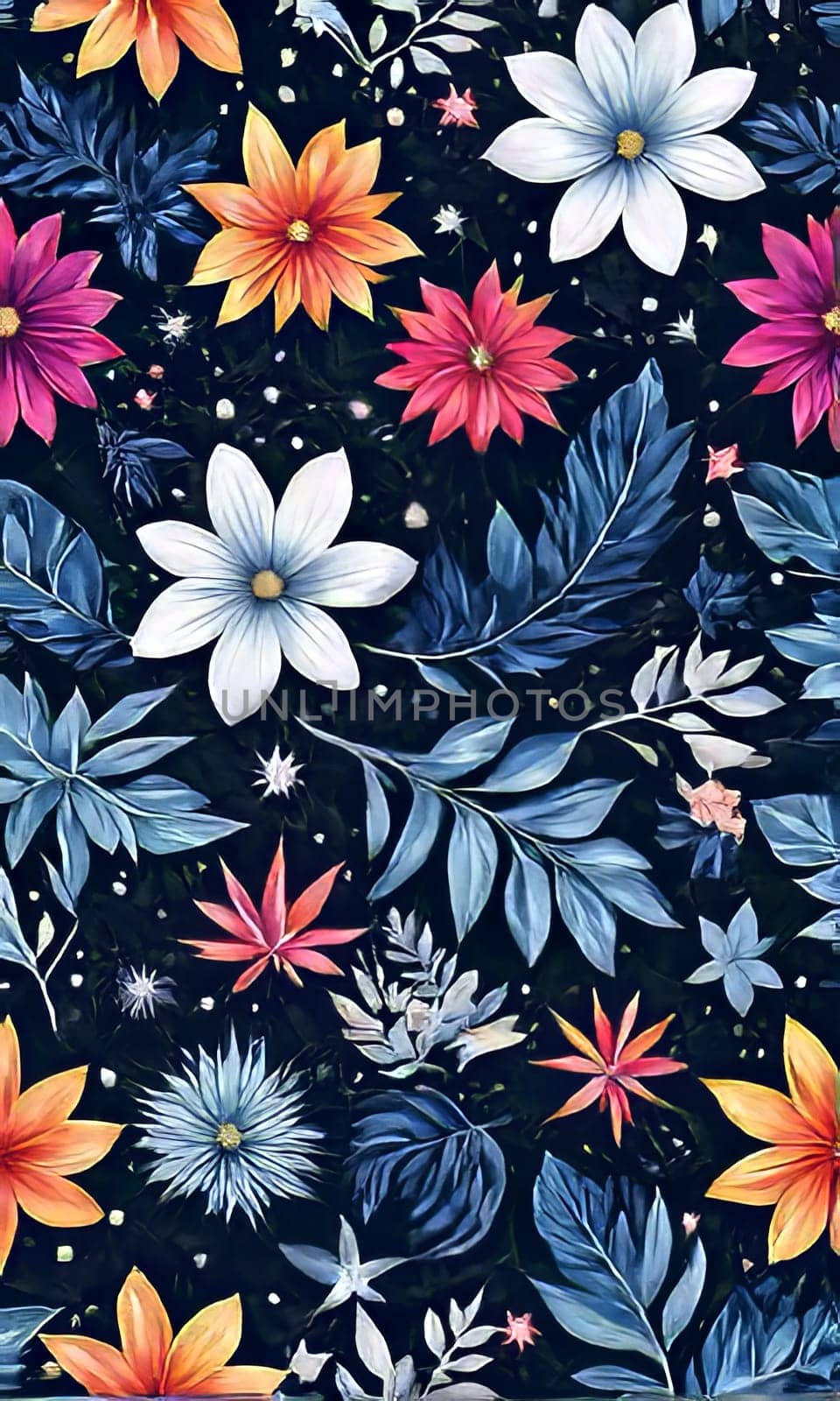 Vibrant flower painting set against dark backdrop. Bright colors of flowers pop out, creating visually appealing, captivating piece of artwork. For art, creative projects, fashion, style, magazines