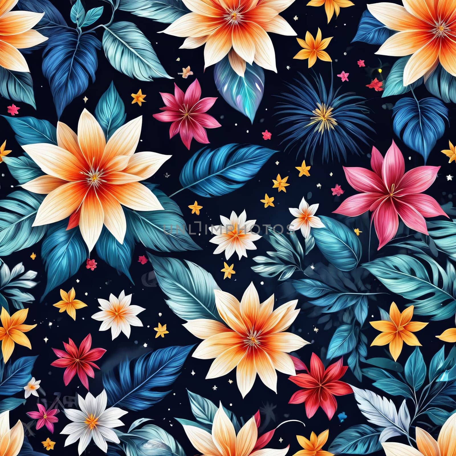 Image features striking contrast between vivid colors of flowers, dark backdrop, creating visually appealing, dramatic composition. For interior design, textiles, clothing, gift wrapping, web design. by Angelsmoon