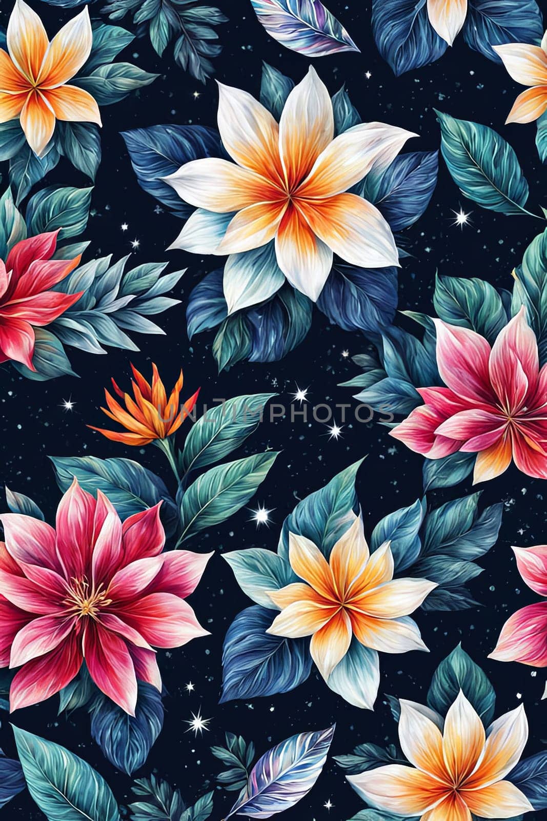 Image features striking contrast between vivid colors of flowers, dark backdrop, creating visually appealing, dramatic composition. For interior design, textiles, clothing, gift wrapping, web design. by Angelsmoon