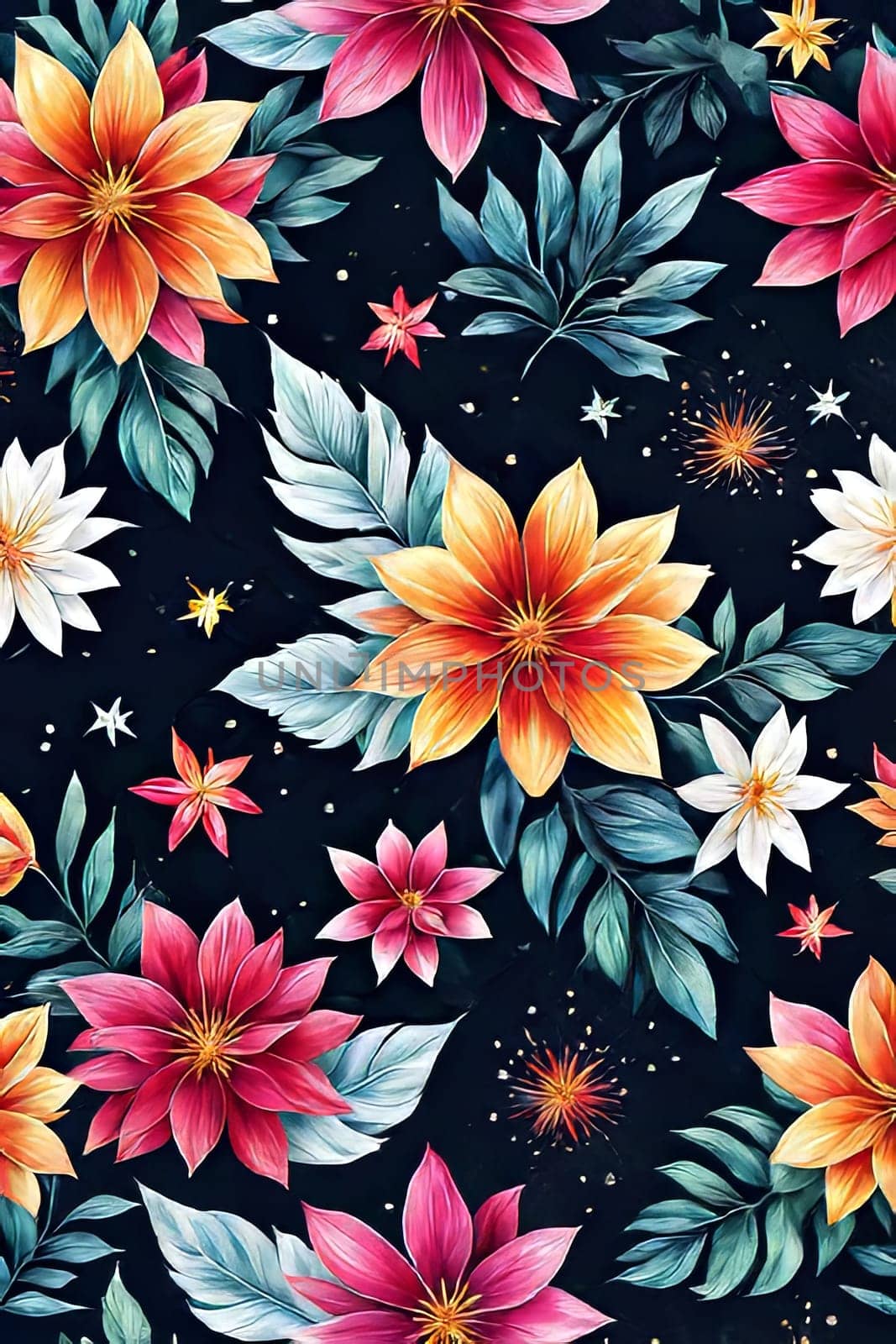 Bright colors of flowers pop out against black background, enhancing their beauty, making them focal point of image. For interior design, decoration, advertising, web design, as illustration for book