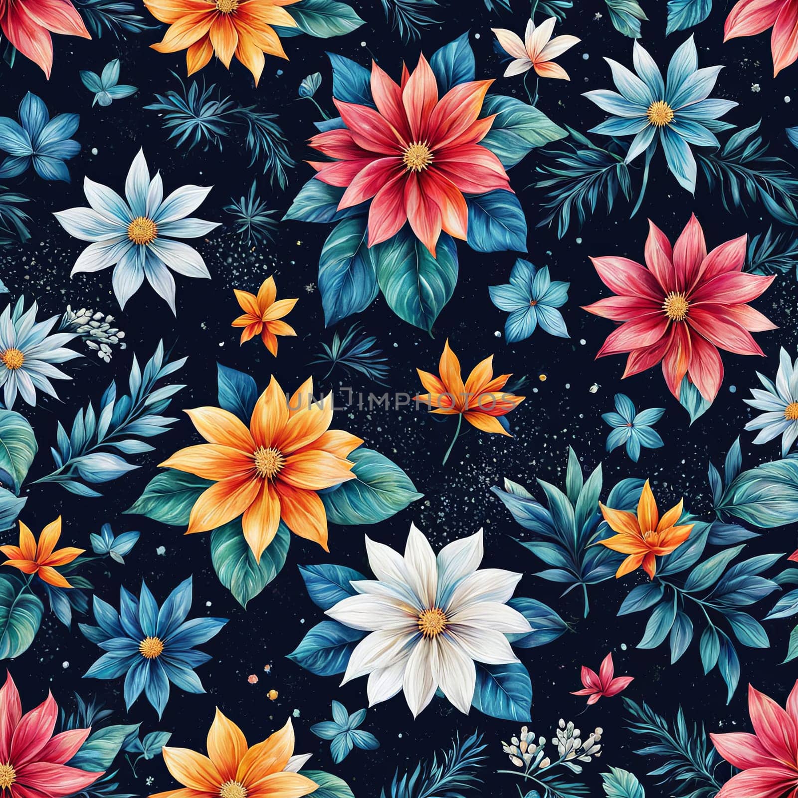 Bright colors of flowers pop out against black background, enhancing their beauty, making them focal point of image. For interior design, decoration, advertising, web design, as illustration for book. by Angelsmoon