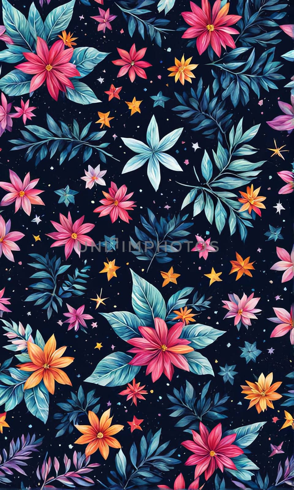 Vibrant colorful flowers set against dark background. For meditation apps, on covers of books about spiritual growth, in designs for yoga studios, spa salons, illustration for articles on inner peace