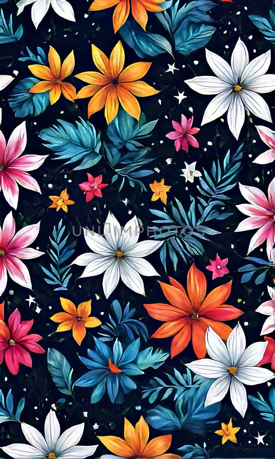 Vibrant, intricate floral design set against dark background, creating visually appealing contrast between colorful flowers, dark backdrop. For website design, advertising, greeting cards, magazines