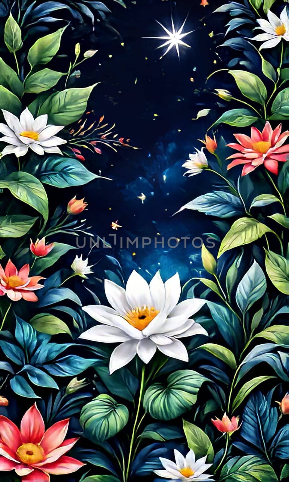 Vibrant colorful flowers set against dark background. For meditation apps, on covers of books about spiritual growth, in designs for yoga studios, spa salons, illustration for articles on inner peace