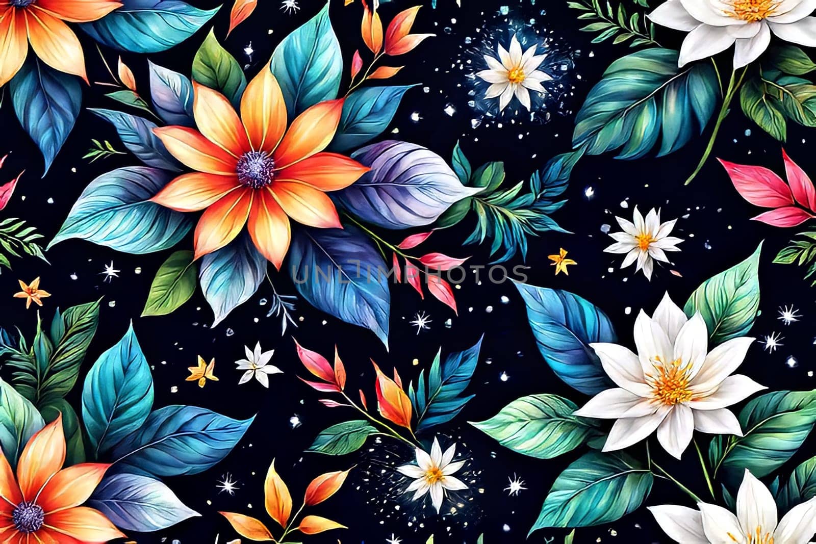 Bright colors of flowers pop out against black background, enhancing their beauty, making them focal point of image. For interior design, decoration, advertising, web design, as illustration for book