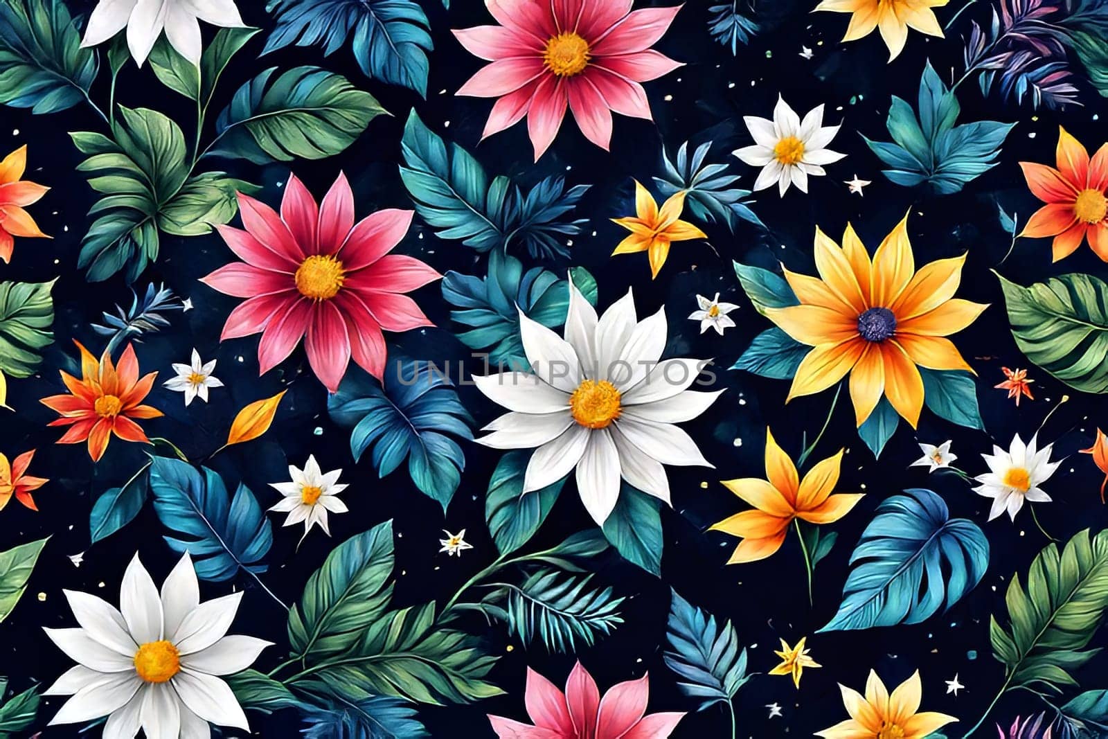 Vibrant, intricate floral design set against dark background, creating visually appealing contrast between colorful flowers, dark backdrop. For website design, advertising, greeting cards, magazines