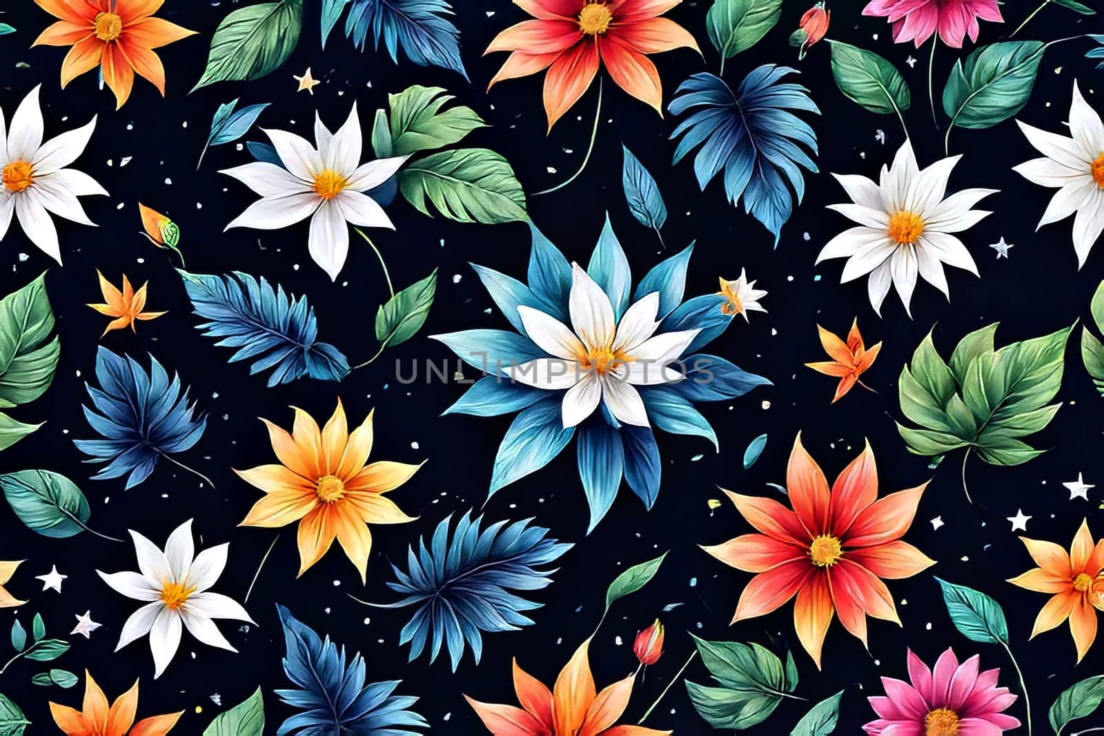Striking, colorful flower painting with intricate details, vivid hues, beautifully contrasted against dark, black background. For interior design, textiles, clothing, gift wrapping, web design, print