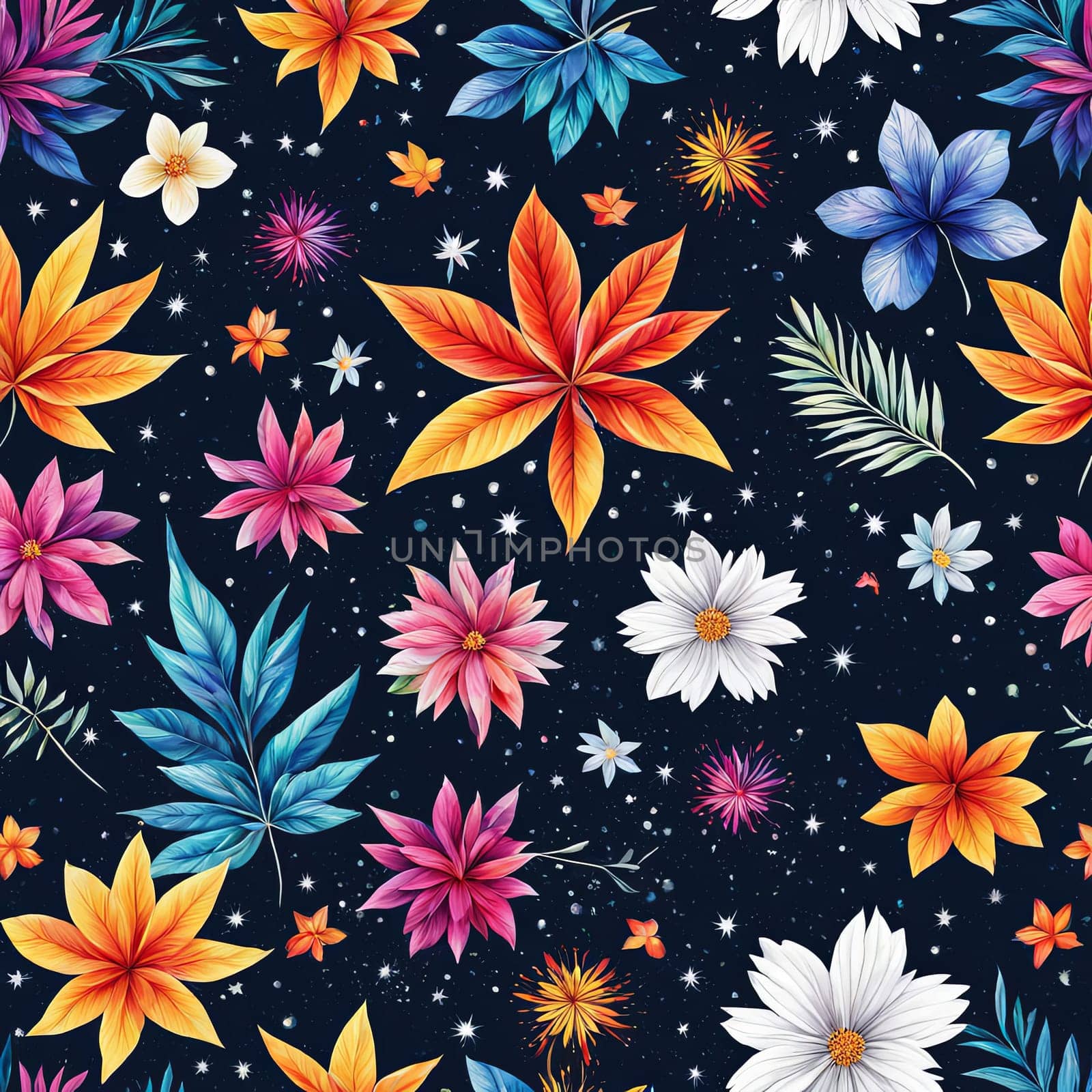 Vibrant, intricate floral design set against dark background, creating visually appealing contrast between colorful flowers, dark backdrop. For website design, advertising, greeting cards, magazines
