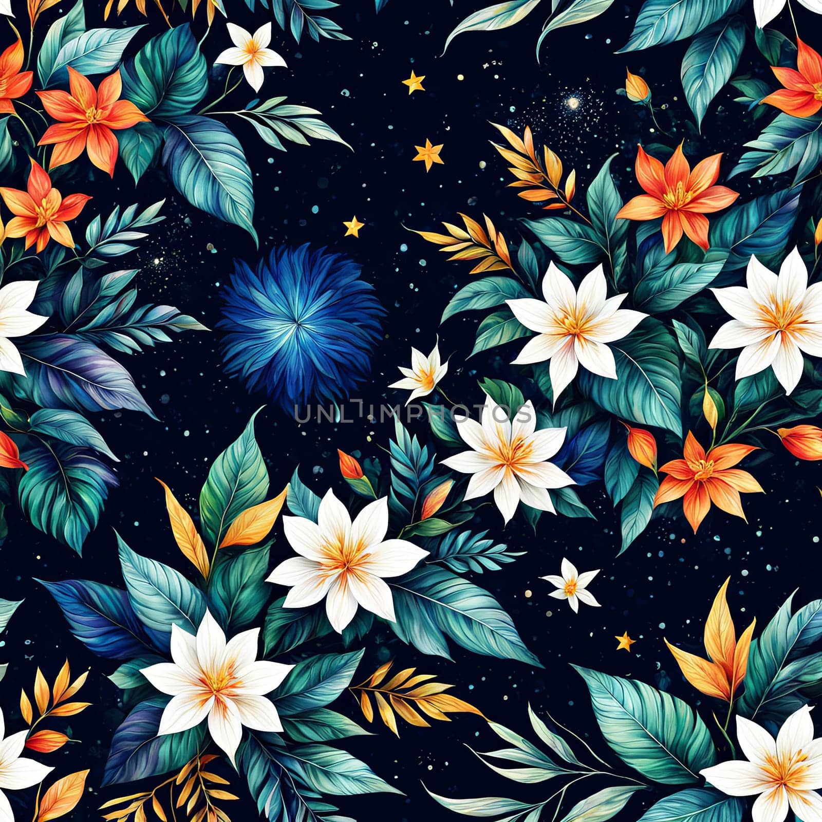 Striking, colorful flower painting with intricate details, vivid hues, beautifully contrasted against dark, black background. For interior design, textiles, clothing, gift wrapping, web design, print