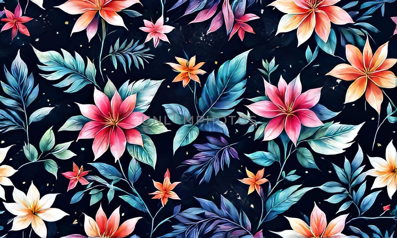 Vibrant colorful flowers set against dark background. For meditation apps, on covers of books about spiritual growth, in designs for yoga studios, spa salons, illustration for articles on inner peace