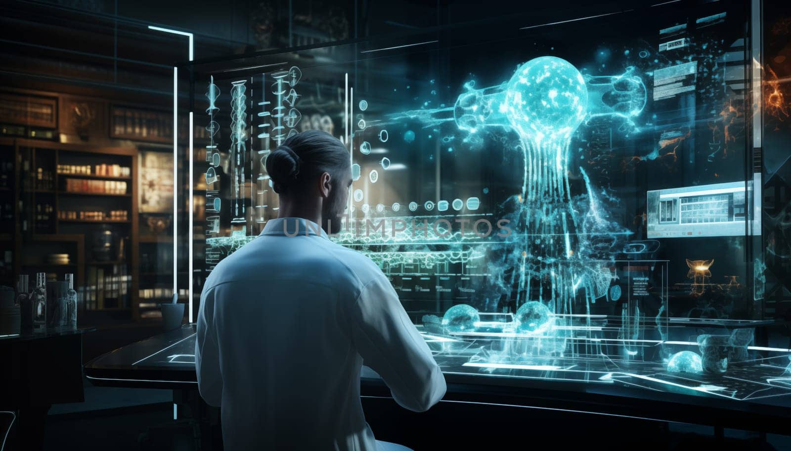 In a futuristic AI lab, a man in a white shirt is focused on a computer screen, analyzing complex DNA structures with precision and expertise.